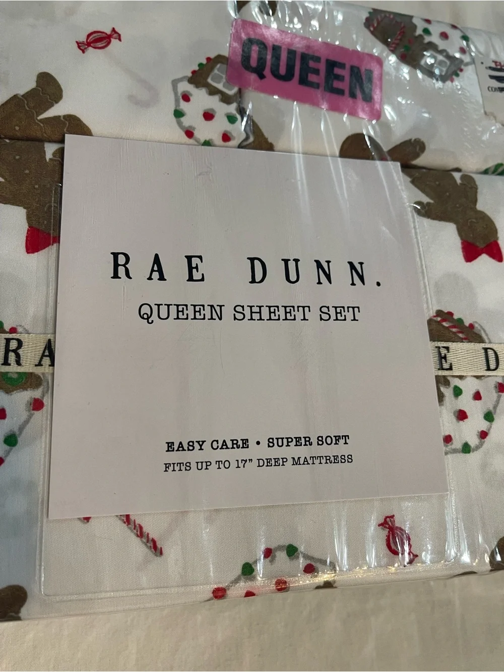 Rae Dunn Queen Sheet Set — White with Brown Gingerbread & Red/Green Accents
